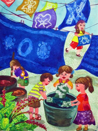 放大圖：淑華這張三峽藍染的畫作，主題相當明確，人物的動作也很生動。在構圖上，採用三層式的構圖，前景-藍染植物，中景-大染缸和染布人，遠景-曬衣繩上的藍染布。在配角和背景的部分，水彩的水份掌握得當，充分表現出水彩的透明感，只可惜進行到主角的部分時，沒能把握住上色的訣竅，導致畫面髒汙，顏色也不夠飽和，主角的色彩層次不夠豐富，因而畫面有點失焦，這是下次可以努力改進的地方。