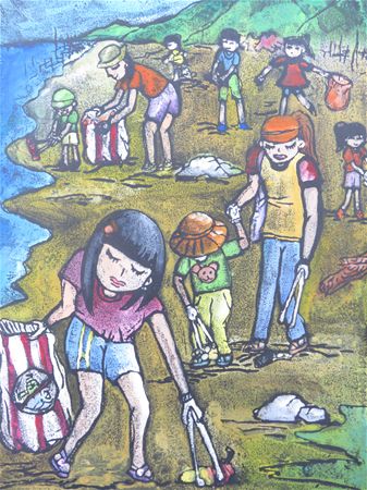 放大圖：106學年度全國學生美術比賽
版畫類中年級組佳作
題目:淨灘活動
作者:楊寓珊
指導老師:劉一霖老師