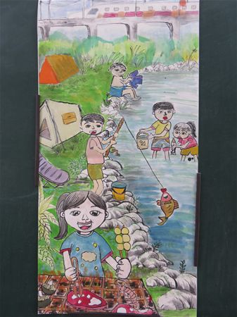 放大圖：106學年度全國學生美術比賽
水墨類中年級組
題目:溪邊烤肉趣
作者:吳佳莉
指導老師:劉一霖老師